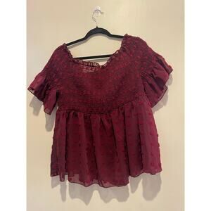 Baby doll textured bell short sleeve milkmaid cottage core burgundy top size 3XL